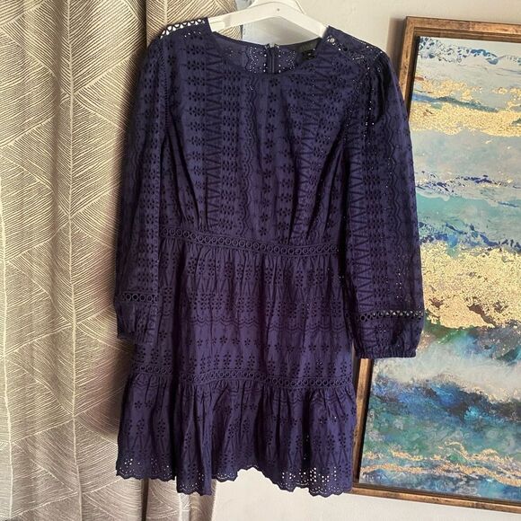 J CREW Dress Navy Blue Eyelet Embroidered Flutter Hem 100% Cotton Long Sleeve 8P - Picture 2 of 15